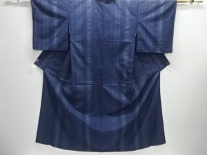 花織り縞に幾何学模様織出し手織り紬着物